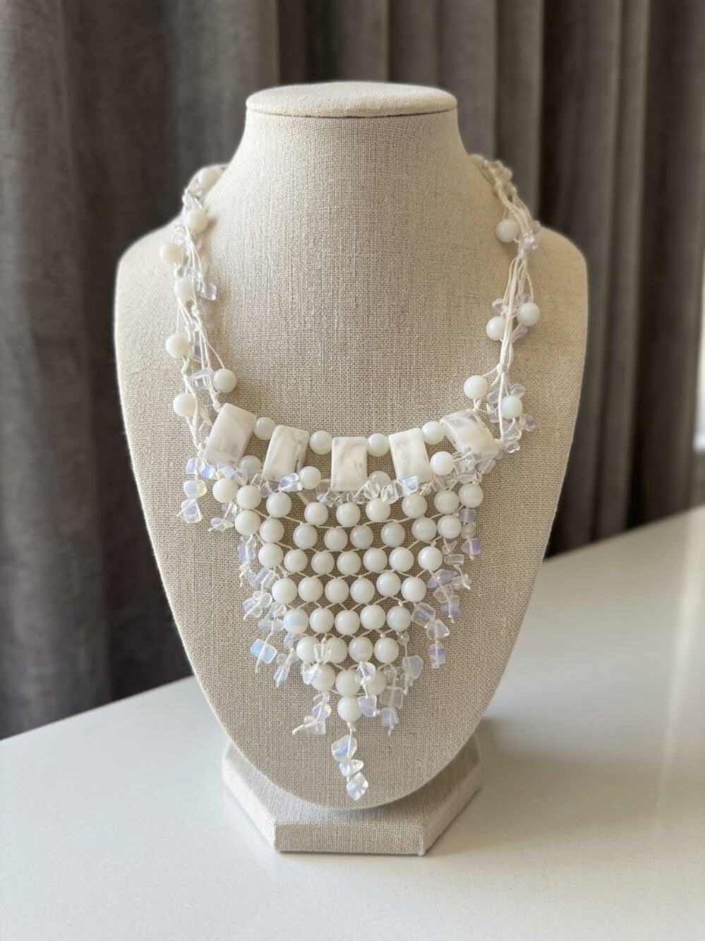 Vintage White Glass Beaded Statement Bib Necklace 16–17” Unmarked
